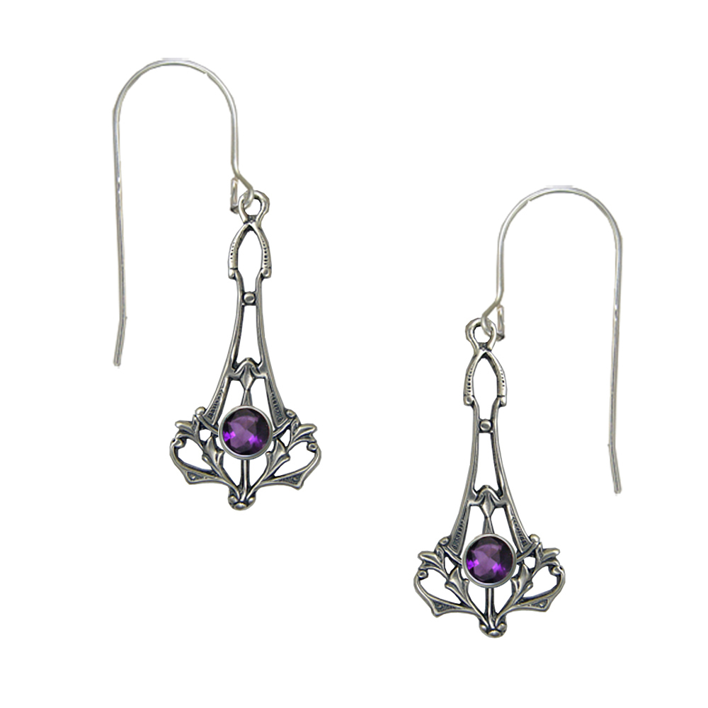 Sterling Silver Art Deco Drop Dangle Earrings With Faceted Amethyst